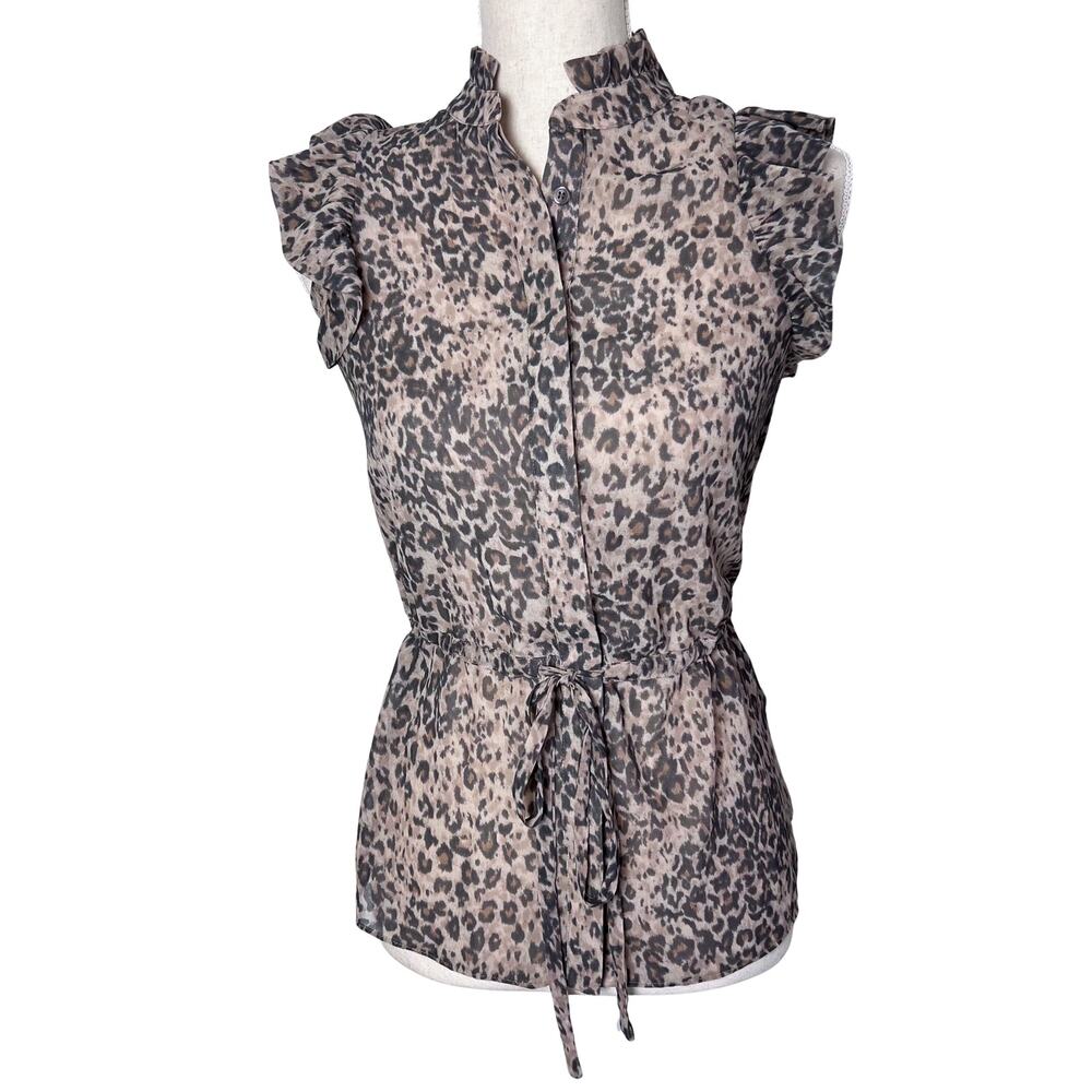 AllSaints Laney Sheer Leopard Print Ruffle Blouse XS Workwear Office Coquette - Picture 2 of 8